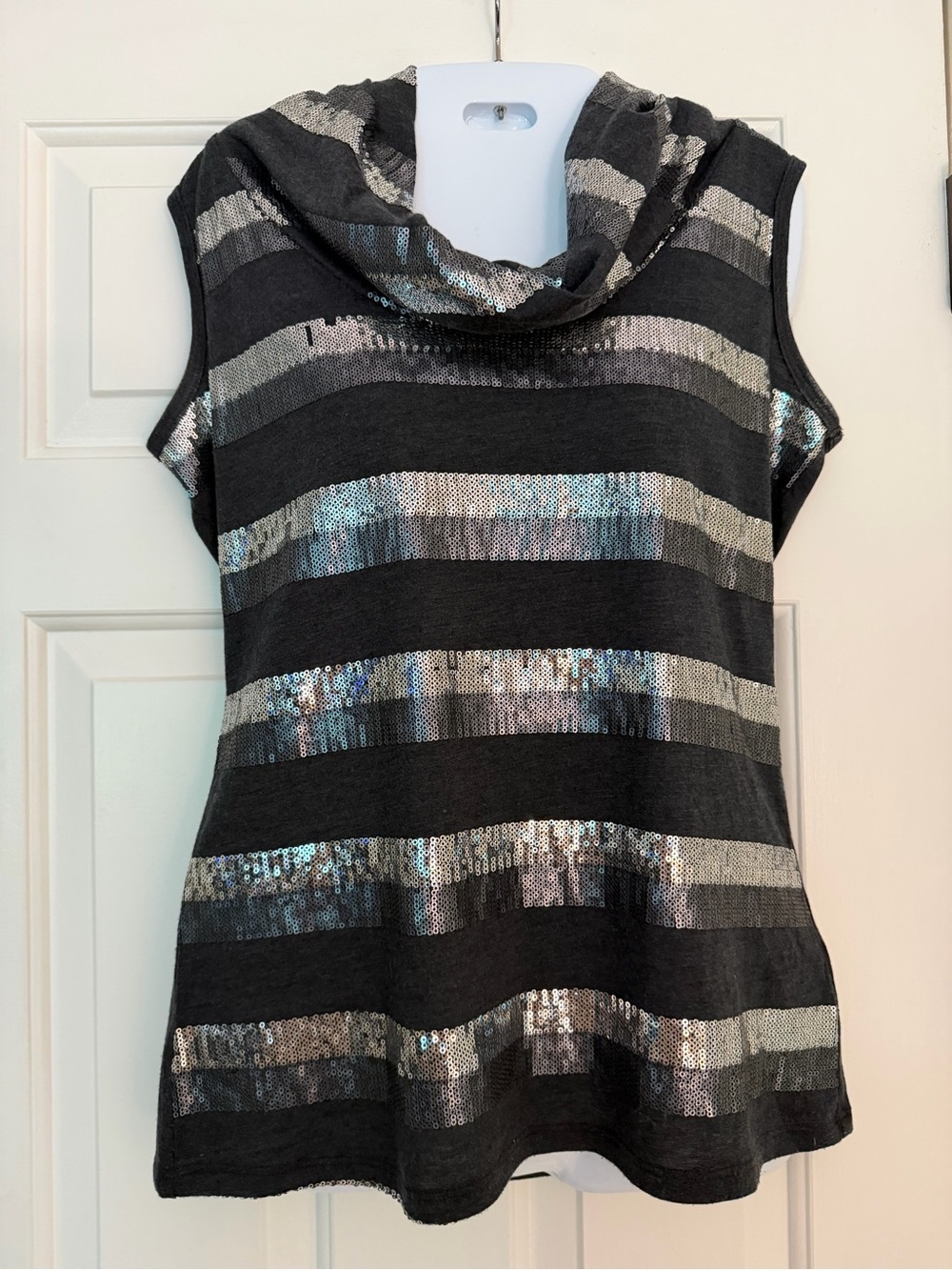 Roz & Ali Black Silver Sequin Stripe Cowl Neck Sleeveless Top S